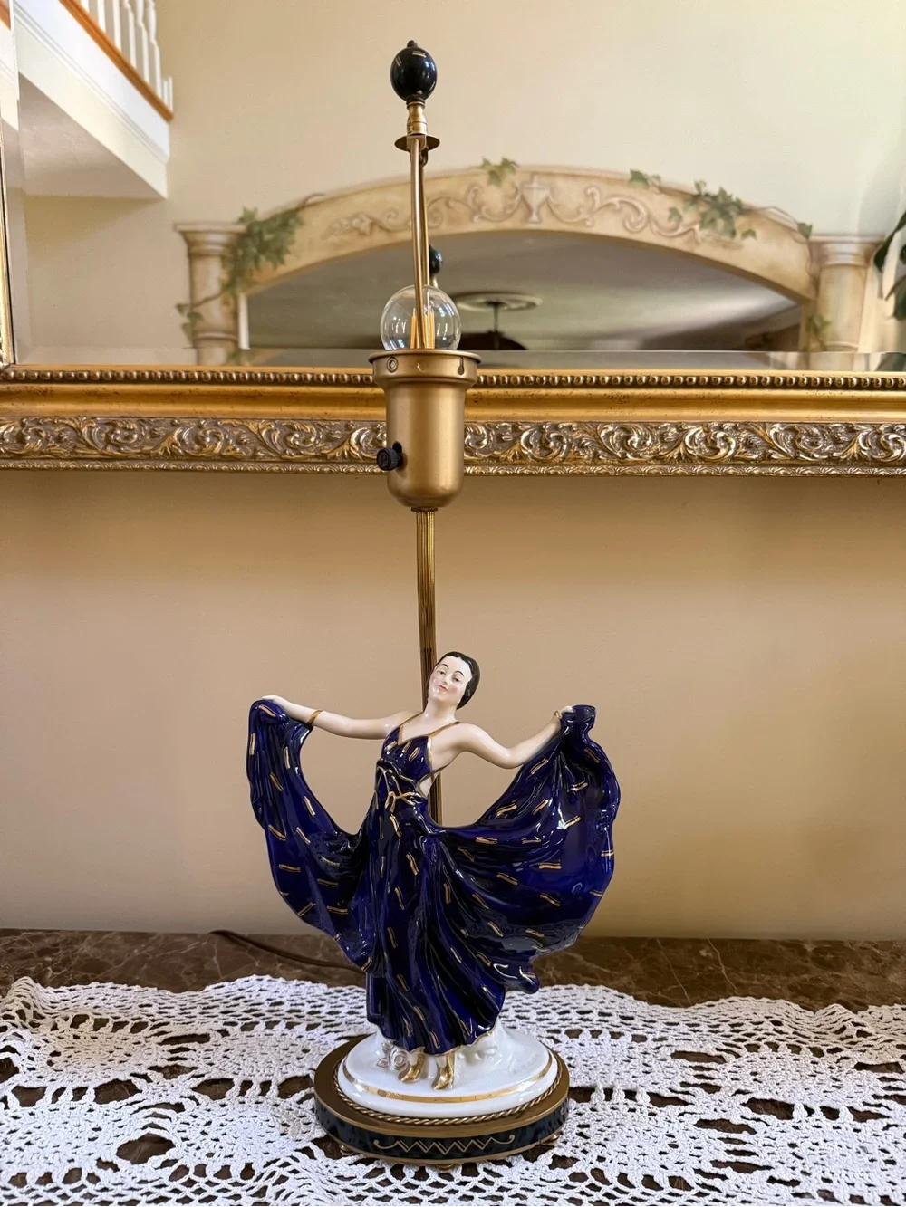 Vintage Art Deco Porcelain Dancing Lady Lamp in Deep Blue and Gold